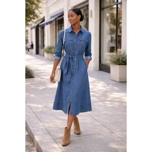 LOFT Denim Shirt Midi Dress Button Front Belted Cotton Petite 4 NWOT
